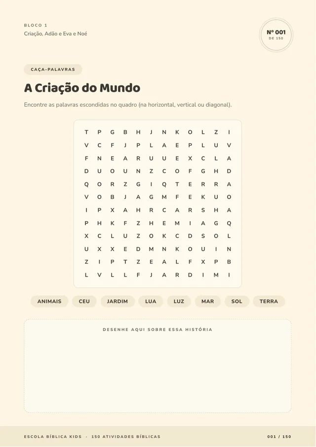 Atividade 001, caça-palavras A Criação do Mundo