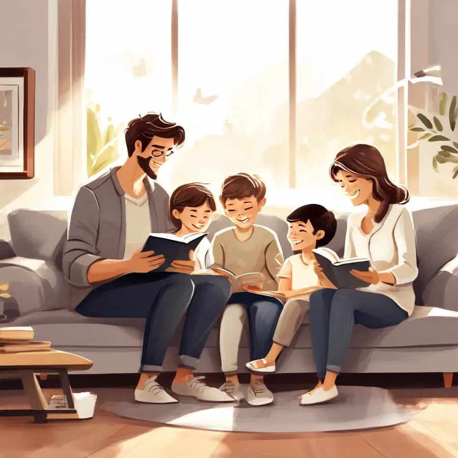 Família lendo a Bíblia junta no sofá