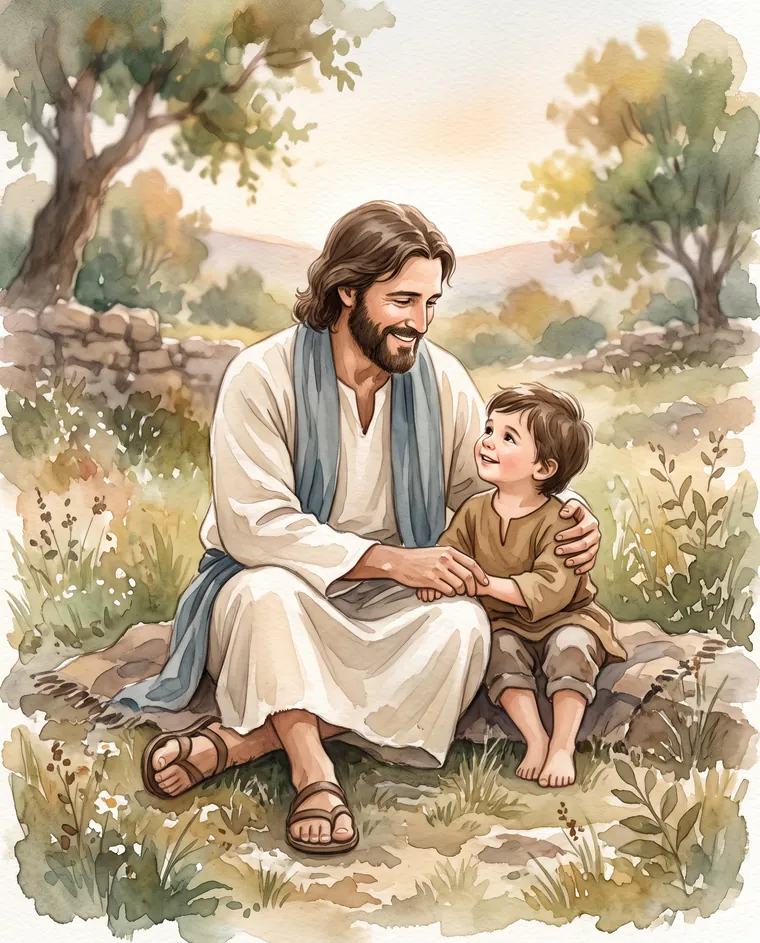 Ilustração de Jesus sorrindo com uma criança